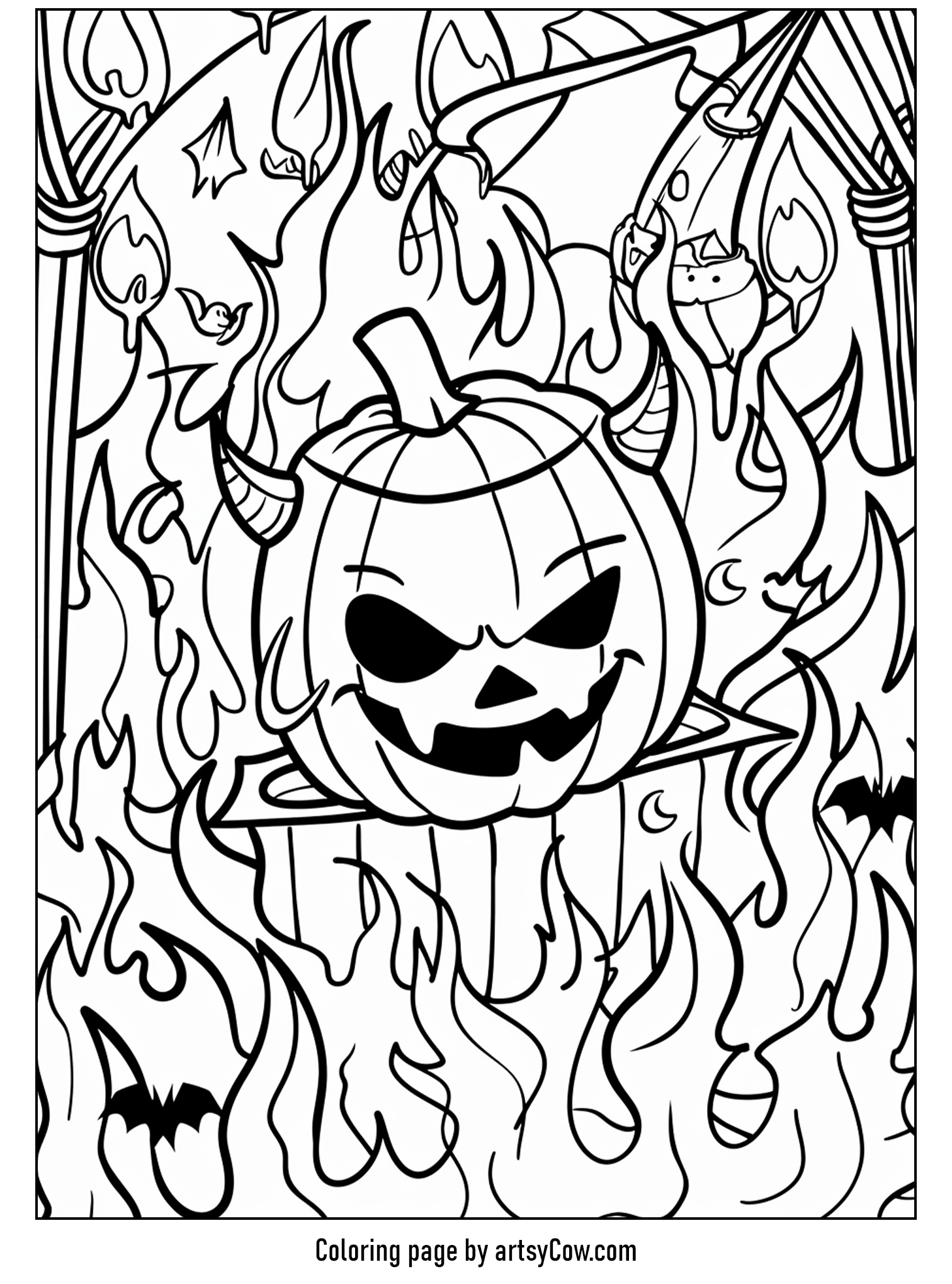 a demon and flames swirling around a spooky pumpkin